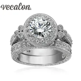 Vecalon Antique Jewelry Flower Women ring Round cut 2ct Simulated diamond Cz 925 Sterling Silver Female wedding Band ring Set