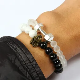 Men's Pulseras Wholesale 10pcs/lot 8mm Natural White Howlite & Black Onyx Stone with Micro Pave Black Cz Vintage Helmet Spartan Bracelet