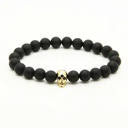 Partihandel 10st / Lot Mode 8mm A Matt Agate Stone Pärlor med Micro Pave Black Cz Faceted Skelett Skull Armband