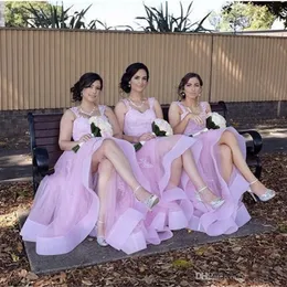 Baby roze bruidsmeisje jurken goedkope zachte tule lange meid van eer jurken kant formele bruiloft gasten jurken plus size