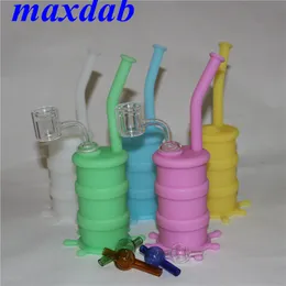 Glow in dark silicone oil rig water pipe hookah with 14mm male joint double tube quartz banger nail and colorfull glass carb cap