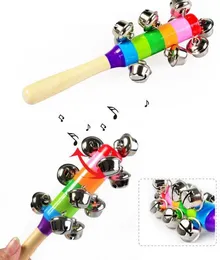 1 pc Wooden Stick 10 Jingle Bells Rainbow Hand Shake Bell Rattles Baby Kids Children Educational Toy