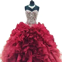 2020 Seksowna kryształowa suknia kulkowa Quinceanera Sukienka z frezowaniem Organza Lace Up Plus Size Sweet 16 Dress Vestido Debiutante Suknie BQ93