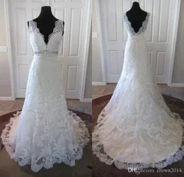 Lace V Neck Beaded Wedding Dress Appliques Backless Crystal Sash A-line Real Picture High Quality Bridal Gowns