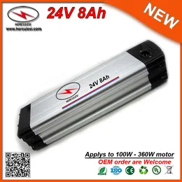 Högkvalitativ Silver Fish Aluminium Cased Li Ion 24V 8Ah Ebike Batteripack med 18650 Cell Lithium Batteri 15A BMS 2A Laddare