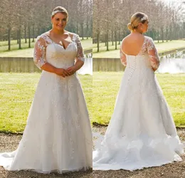 2016 Sexy White Plus Size Sukienki ślubne Tanie V Neck Suknie Ślubne Suknie Ślubne Suknie Ślubne Linia Z Długim Rękawem Suknia Backless Lace Weddings