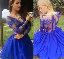 Kraliyet Mavi 2019 Dantel Mezuniyet Elbiseleri Kısa Mini Uzunluk V Boyun Şifon Uzun Kollu Seksi Örgün Parti Törenlerinde