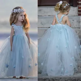 Hand Made Flowers Girls Dresses For Weddings Square Neck Sleeveless First communion Dress Tulle Floor Length Tiered A Line Birthday Gowns