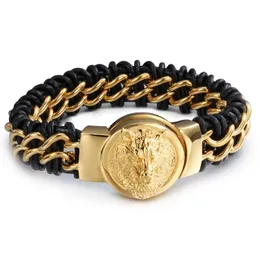 Hiphop New Punk Style 8.66'' 18mm Genuine Leather 316L Stainless Steel Biker Gold Wolf Head Design Men's Bracelet Bangle