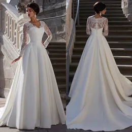 2019 Bescheidene Langarm-Brautkleider mit gewelltem V-Ausschnitt, A-Linie, elfenbeinfarbener Spitze und Satin, Brautkleider „Vestidos de Novia“ nach Maß aus China