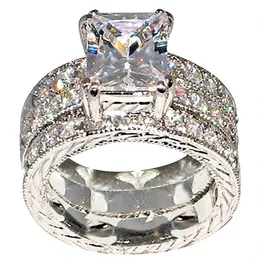 Vintag silod 10KT white gold filled Engagement Wedding Bride ring Jewelry 2-in-1 Luxury 3ct square Diamond RING set for women Size 5-11