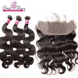 Templo indiano humanhair Weave não processado Virgin Cabelo Pacotes corpo extensões do cabelo onda com 13 * 4 Lace frontal Encerramento Cabelo Greatremy