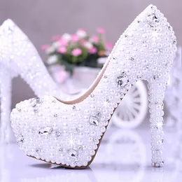 Scarpe da sposa eleganti con perle bianche per luna di miele Scarpe da sposa con strass Splendide scarpe da sposa Tacchi altissimi da 14 cm Taglie forti