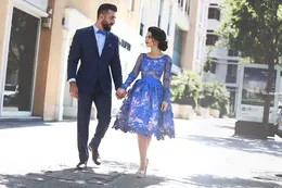 2019 Kraliyet Mavi Sheer Uzun Kollu Dantel Kokteyl Elbiseler Scoop Diz Boyu Bir Çizgi Kısa Mezuniyet Parti Abiye Gelinlik Modelleri Vestidos
