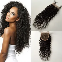 Tani 4x4 Lace Closure Virgin Brazilian Deep Wave 100% ludzkie włosy za darmo Miiddle 3 -częściowe koronkowe górne bielone węzły Bezpłatna wysyłka