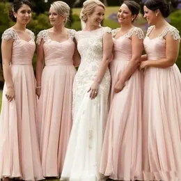 Elegancki Blush Różowy Szyfon Długie Druhna Suknie Koraliki Koronki Ruched Maid of Honor Party Suknie Kolejne Sweep Sweep Gowns