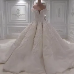 Luxury Big Ball Gown Bröllop Klänningar Av Axelvåg Design Beaded Crystals Lace Appliques Custom Made Bridal Gowns