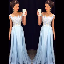 Top Blue Lace Aplikacje Długie Prom Dresses Scoop Neck Floor Długość Szyfonowa Wieczorowa Dress Party Elegant Formalna sukienka