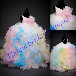 Wunderschöne Prinzessinnen-Festzug-Kleider für Mädchen 2019, Regenbogen-Stufenröcke, echte Fotos, Ballkleid, buntes Blumenmädchenkleid, lang