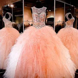Ball Gown 2019 Floor Length Amazing Rhinestone Crystals Blush Peach Quinceanera Dresses Sleeveless Crew Neck Sweet 16 Ruffles Prom Gowns