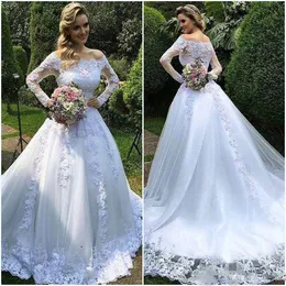 Off Shoulder Country Bröllopsklänningar 2017 Illusion Spets Långärmad En Linje Bröllopklänningar Tulle Covered Sweep Train Wedding Vestidos