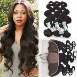 3 Bundles With Silk Frontal Closure 13x4 Virgin Brazilian Human Hair Body Wave Full Frontal Lace Closure With Baby Hair