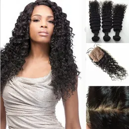 Fechamento do cabelo Virgem Extensões de Cabelo Peruano Cor Natural parte média fechamentos de seda (4x4) com Pacotes de Cabelo 3 pc onda profunda