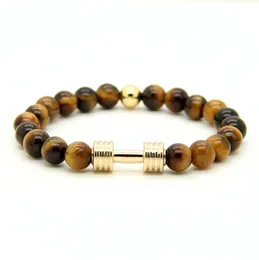 Quente 1 pçs pulseira de metal banhado a ouro real nova barra 8 mm imagem cinza Jasper A Grade contas de pedra de tigre fitness moda haltere