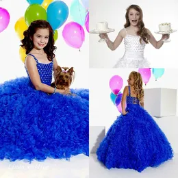 Högkvalitativ söt skönhet Royal Blue White Girl's Pagant Klänning Prinsessan Organza Party Cupcake Flower Girl Pretty Dress For Little Kid