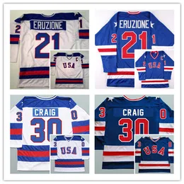 Mężczyzna Retro 1980 USA koszulki do hokeja na lodzie 17 Jack Ocallahan 21 Mike Eruzione 30 Jim Craig Sticthed niebieski biały alternatywny rozmiar S-3XL