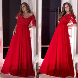 V-neck dekolt rękawy Half-line Prom Dresses Z paciorkami Koronki aplikacje Czerwona suknia vestidos de fiesta baratos