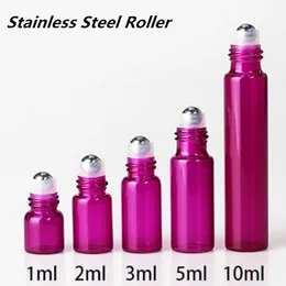 Cheap price Refillable 1ml 2ml 3ml 5ml 10ml Red Perfume Glass Roll On Bottle with Stainless Steel Roller for Essential Oil Free Ship