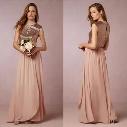 Two Pieces Bhldn Sequins Country Dresses Cheap Jewel Neck Cap Sleeve Sweep Train Plus Size Long Bridesmaid Dress