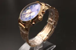 Новое прибытие высокого качества марка кварцевые часы для мужчин классический синий циферблат розовое золото случае скелет аналоговый Золотой Стальной браслет секундомер цифровой