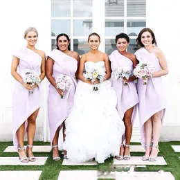 セクシーなワンショルダーハイローウエディングドレス2017夏サテンのサテンruchedメイド安い結婚式のゲストフォーマルパーティードレス