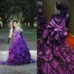 Gothic 2016 Purple Taffeta Cascading Ruffles Tiered A-line Wedding Dresses Vintage Sweetheart Beaded Lace Up Back Long Bridal Gowns EN80310