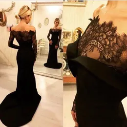 Elegante schwarze Meerjungfrau-Abendkleider, sexy schulterfreie Spitze, transparente Langarm-Abschlussballkleider, Satin, Sweep-Zug, formelle Kleidung, Partykleider