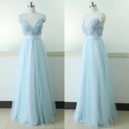 Niebieskie 2023 Seksowne sukienki wieczorowe plus size Sheer Scyk Applique A-line długi tiul bez pleców formalne suknie wieczorowe