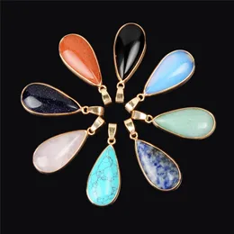 10 sztuk Naturalny Healing Gem Kamień Kwarcowy Owalny Kropla Wody Love Wisiorek Piękny Multicolor Metafizyczny Kryształowy urok Z Złotym Pated