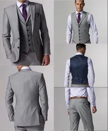 Men's Suits Blazers High Quality Wool Side Slit Light Gray Groom Tuxedos Notch Lapel Man Business Prom (Jacket+Pants+Tie+Vest) L 02