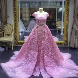 Luxury Pink Lace Cap Sleeves Prom Dresses Custom Made Mermaid Sweep Train Saudi Arabia Evening Gowns With Beaded Belt Sheer Neck Vestidos