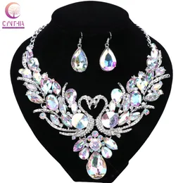 Wedding Gold Plated Chain Colorful Crystal Pendant Necklace Fashion Design Swan Jewelry Sets Necklaces Earring For Women