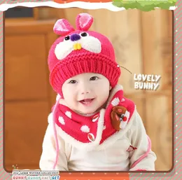 2 piece/ set hat and scarf set baby winter cap rabbit ear knit beanie bonnet warm hats for children neck warmer photography props