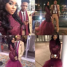 Burgundy Mermaid Black Girls Prom Dress Sexy South African Long Sleeves Illuiosn Graduation Evening Party Gown Plus Size Custom Made