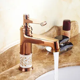 ヨーロッパのレトロなローズゴールドブロンズセラミック洗面器の蛇口シングハンドルキッチンデッキマウント水ミキサータップ浴室のシンクの蛇口