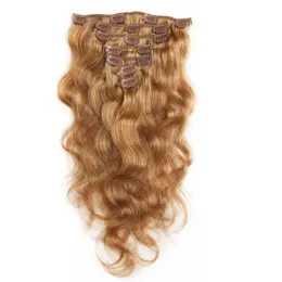 7A 100% Virgin Human Hair Extensions Clip In Remy Hair Body Wave Full Head Strawberry Blonde