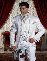 Classic Style White Embroidery Groom Tuxedos Groomsmen Men's Wedding Prom Suits Custom Made (Jacket+Pants+Vest) NO:179