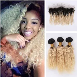 Raiz escuro Afro Crespo Encaracolado Malaio Virgem Do Cabelo Tece Com Ombre Loiro Frontal Ombre # 1B 613 Feixes De Cabelo Humano Com Fecho de Renda Frontal