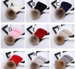 Cute Children Winter caps Raccoon Fur Hats 15cm Fur pompom Beanies Cap Natural Fur Hat For Kids Children 77