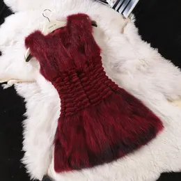 New Winter Fashion Women's O-Neck Ärmlös Real Natural Raccoon Fur Vest Coat Medium Lång Cotton-Padded Slim Waist Casacos SMLXLXXL